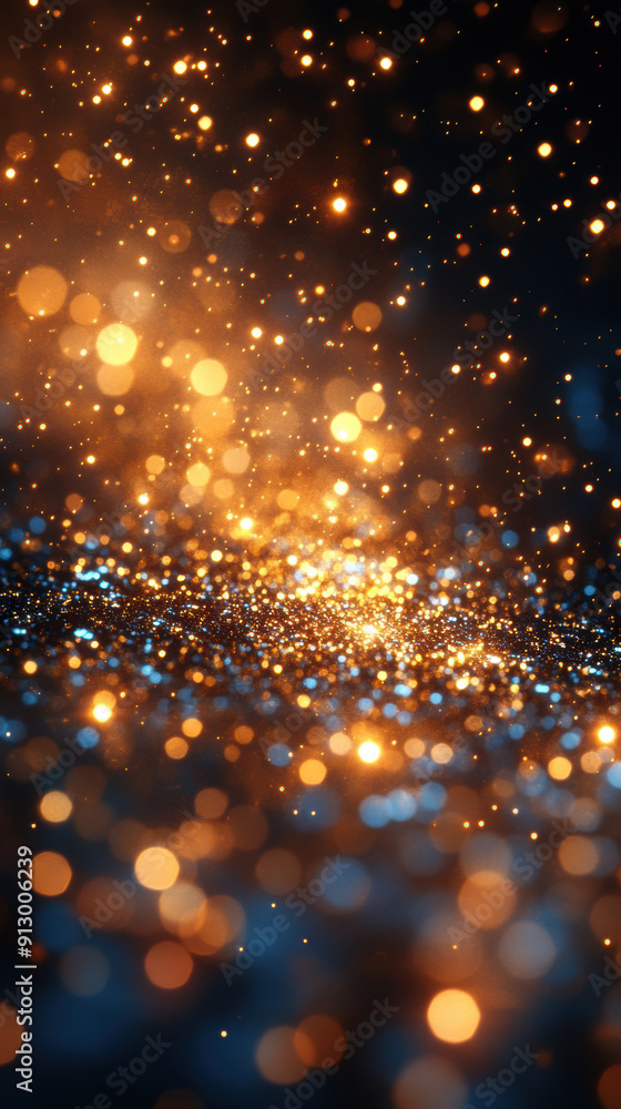 Fototapeta premium Abstract Sparkling Golden Bokeh with Blue Highlights in a Dreamy Lightscape.
