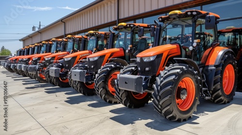 Row of orange tractors parked outside dealership