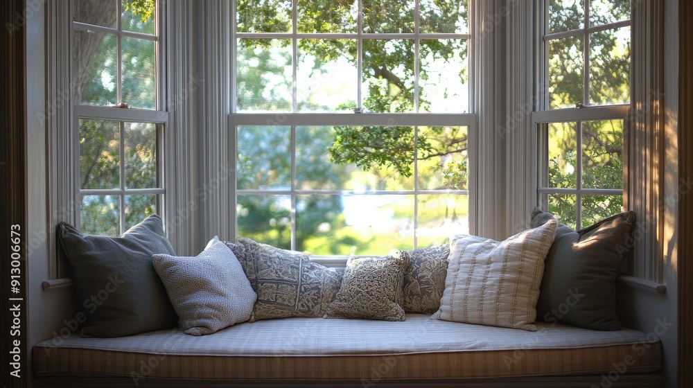 Comfortable window seat nestled in a large bay window, perfect for relaxing and daydreaming. Comfortable window seat nestled in a large bay window, perfect for relaxing and daydreaming.