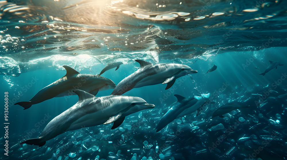 A pod of dolphins playing in sparkling and sunlit waters. The silent menace of drifting plastic waste. A pod of dolphins playing in sparkling and sunlit waters. The silent menace of drifting plastic waste.
