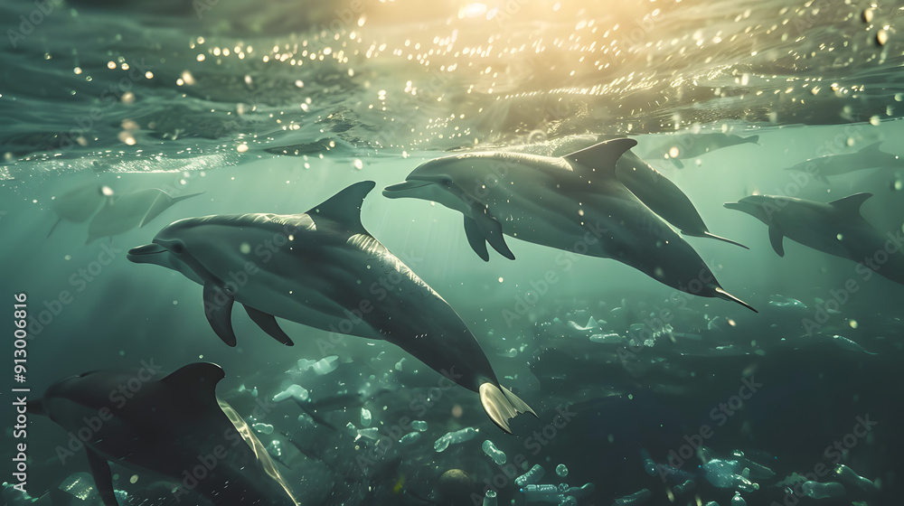 A pod of dolphins playing in sparkling and sunlit waters. The silent menace of drifting plastic waste. A pod of dolphins playing in sparkling and sunlit waters. The silent menace of drifting plastic waste.