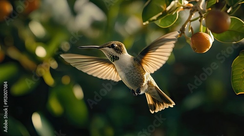 Close-up of a hummingbird in flight, focusing on its delicate wings and feathers in Chile natural environment