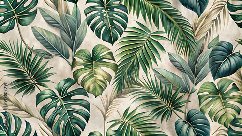 Tropical design - watercolor composition of exotic leaves with a palm branch.
