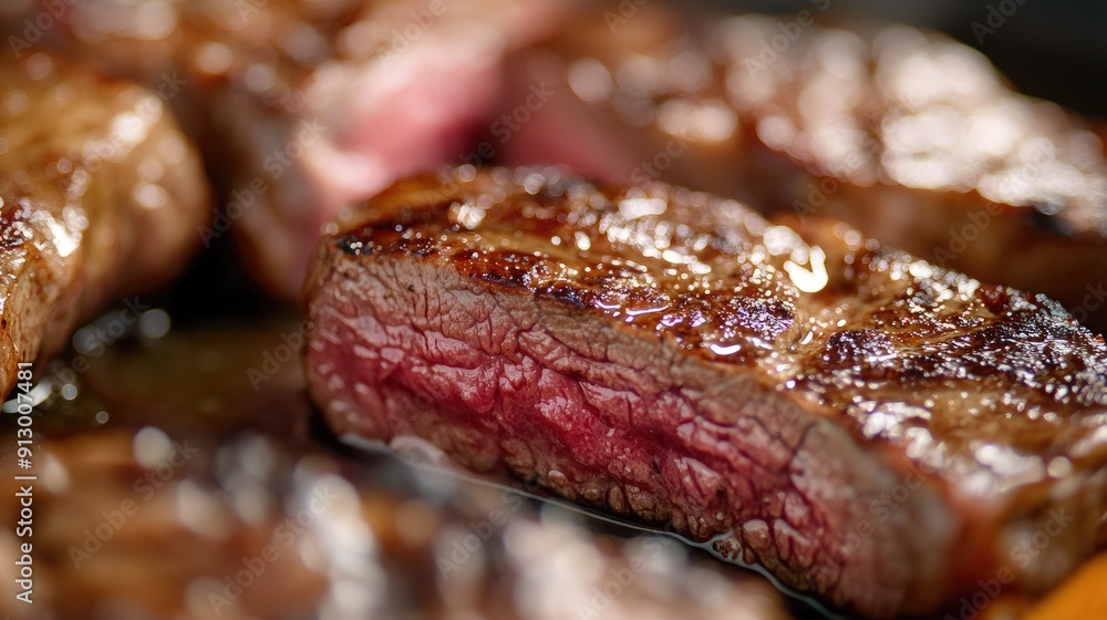 Close-up of a juicy seared steak, highlighting the beautifully browned crust and tender meat. Close-up of a juicy seared steak, highlighting the beautifully browned crust and tender meat.