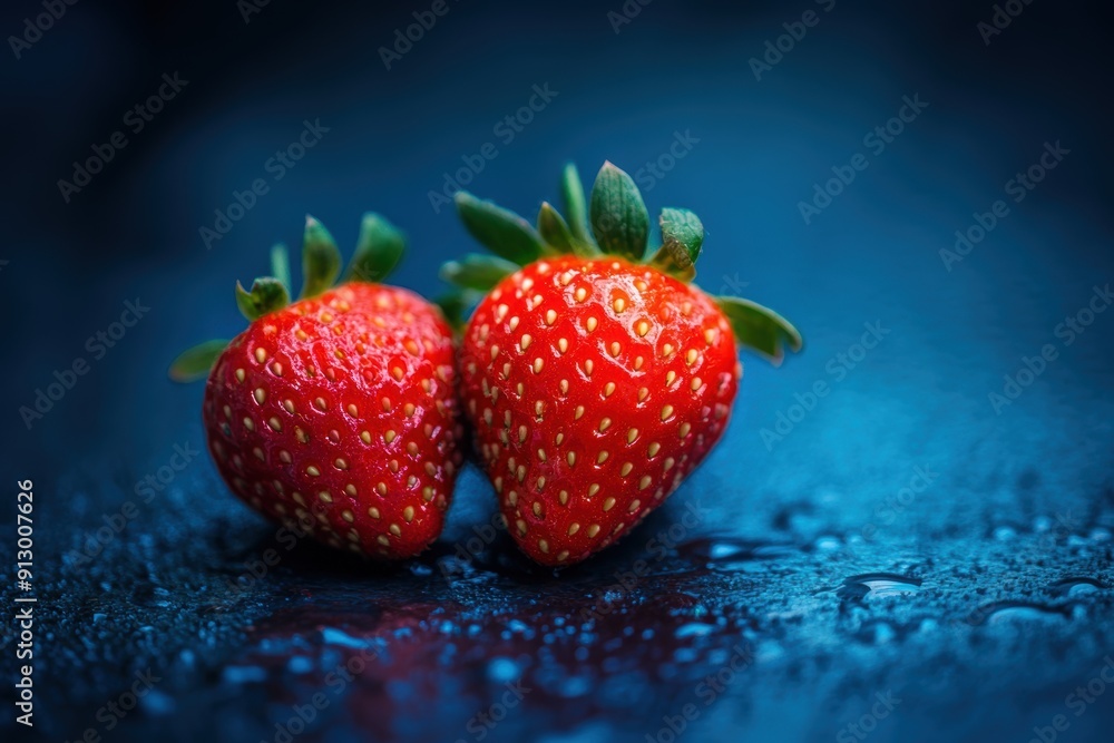 Fresh dew-kissed strawberries on blue background