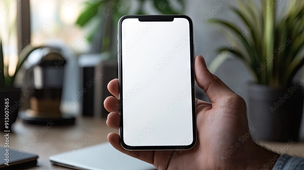Close-up of a man holding a blank white screen smartphone, ready for ads, on a home office desk. Close-up of a man holding a blank white screen smartphone, ready for ads, on a home office desk.