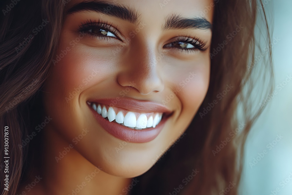 A close-up portrait of a beautiful woman with a radiant smile, showcasing her perfect white teeth A close-up portrait of a beautiful woman with a radiant smile, showcasing her perfect white teeth