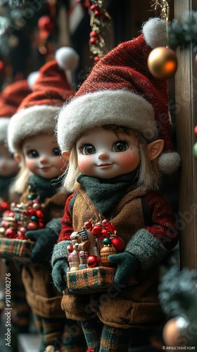 Cheerful female doll with elf ears in festive attire, surrounded by Christmas decorations.