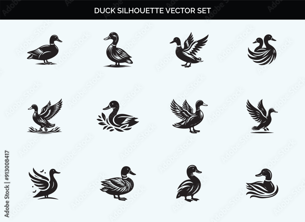 Editable Black Duck Silhouette Vector Illustration on a Transparent Background