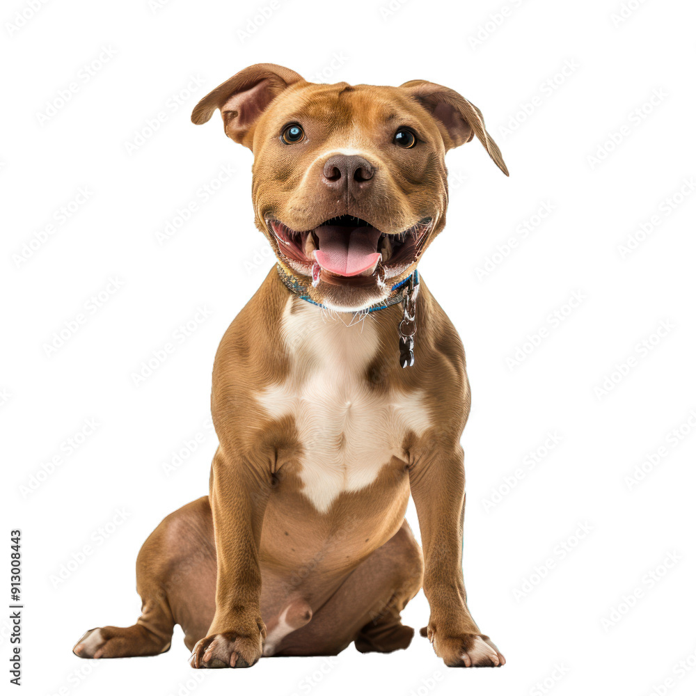 Happy adult red nose pit bull terrier dog sitting and panting, wearing a blue collar Happy adult red nose pit bull terrier dog sitting and panting, wearing a blue collar