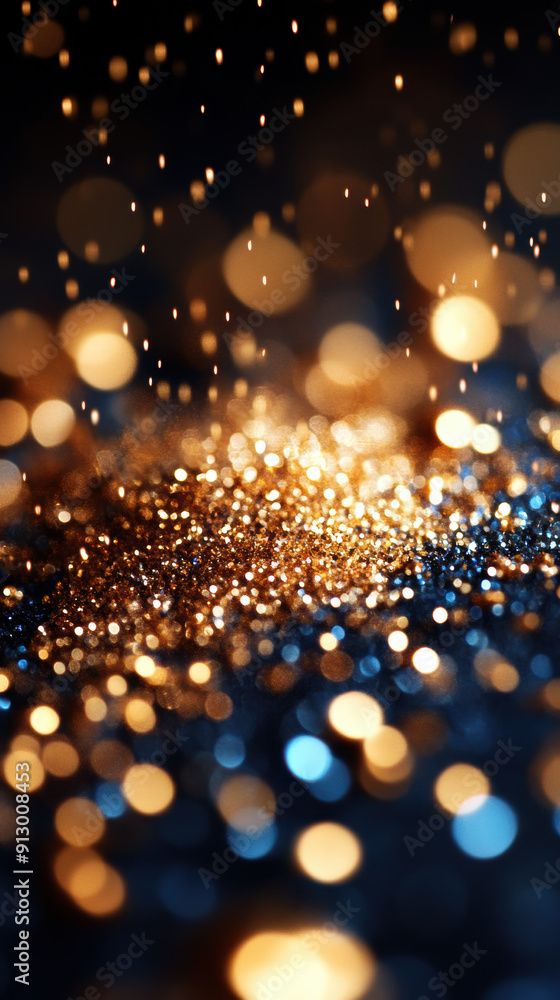 Abstract Sparkling Golden Bokeh with Blue Highlights in a Dreamy Lightscape.