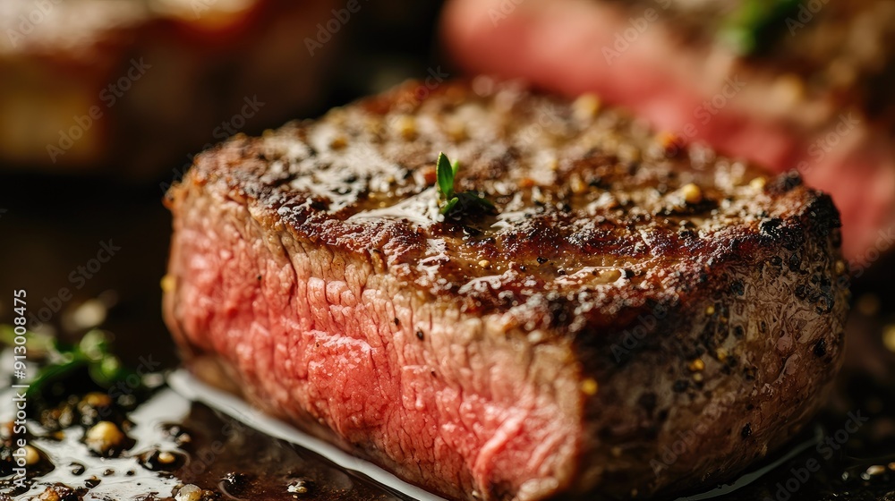 Close-up shot of a seared steak with a beautifully browned crust, showcasing the succulent, juicy meat. Close-up shot of a seared steak with a beautifully browned crust, showcasing the succulent, juicy meat.