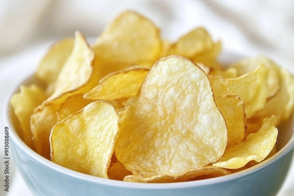 Close-up view of crispy golden potato chips in bowl Close-up view of crispy golden potato chips in bowl