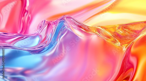 Fototapeta Naklejka Na Ścianę i Meble -  Colorful gradient 3D render featuring bright glass and fluid wave textures.