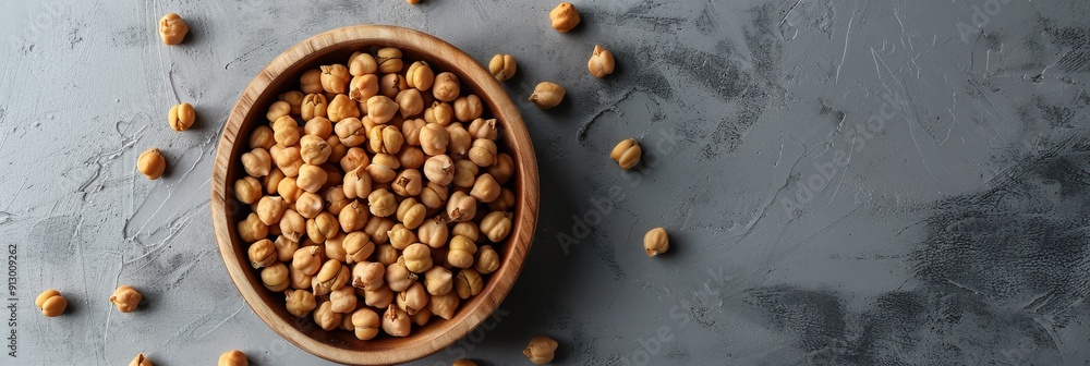 Rustic elegance of chickpeas on a wooden square plate against a gray background, offering ample Rustic elegance of chickpeas on a wooden square plate against a gray background, offering ample