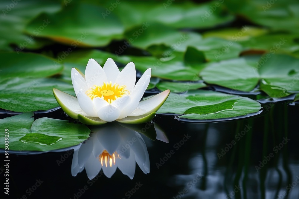 Tranquil water lily reflecting in serene pond