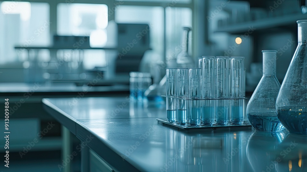 Empty test tubes and lab equipment neatly arranged in a chemical laboratory. Ready for experiments. Empty test tubes and lab equipment neatly arranged in a chemical laboratory. Ready for experiments.
