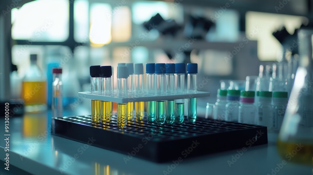 Empty test tubes in a lab rack with surrounding chemical laboratory tools. Ready for experimental use. - Empty test tubes in a lab rack with surrounding chemical laboratory tools. Ready for experimental use. -