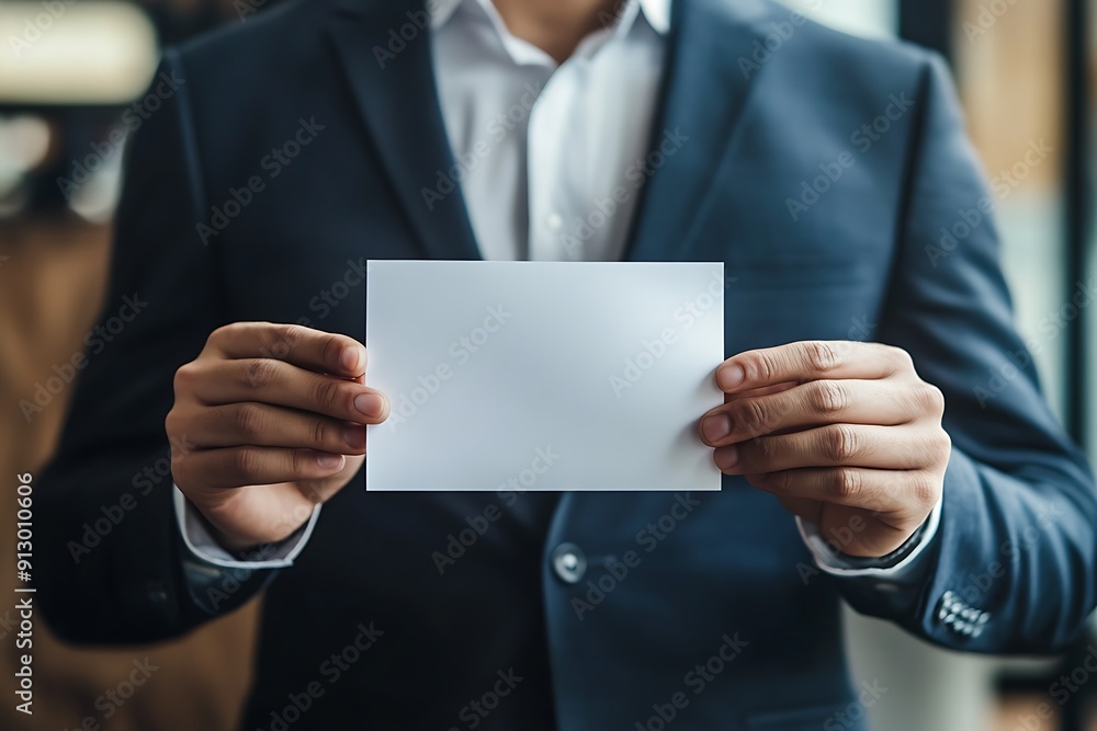 A close-up shot of a man in a suit holding an empty white note, perfect for text and message mockups A close-up shot of a man in a suit holding an empty white note, perfect for text and message mockups