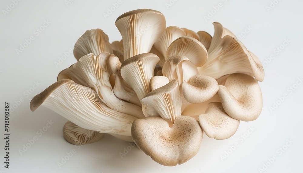 Beauty of fresh Pleurotus mushrooms on a clean white background, highlighting their role vegetarian Beauty of fresh Pleurotus mushrooms on a clean white background, highlighting their role vegetarian
