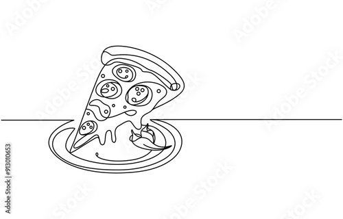 One line  Drawing or illustration of slice of pizza with pepperoni and mushrooms, Fresh pizza with ingredients one line continuous drawing. Traditional italian fast food continuous one line.