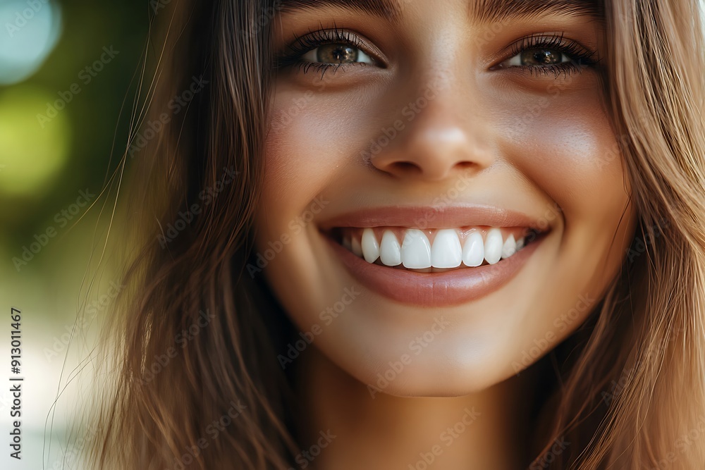 A close-up portrait of a beautiful woman with a radiant smile, showcasing her perfect white teeth A close-up portrait of a beautiful woman with a radiant smile, showcasing her perfect white teeth