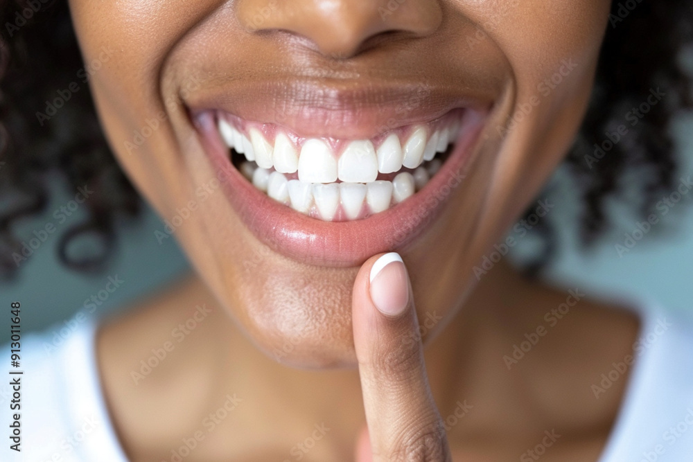 Stomatology dentistry concept. African-American beautiful female smile after white teeth pointing finger on healthy whitening procedure. Dental oral care
