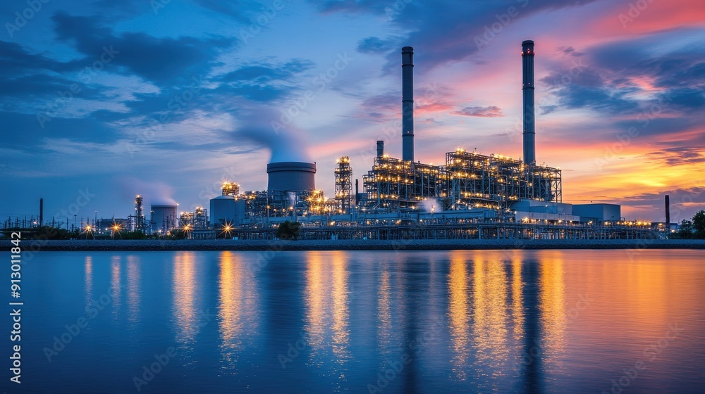 Energy production infrastructure of a power plant at dusk, illustrating the scale and complexity of modern energy. Energy production infrastructure of a power plant at dusk, illustrating the scale and complexity of modern energy.