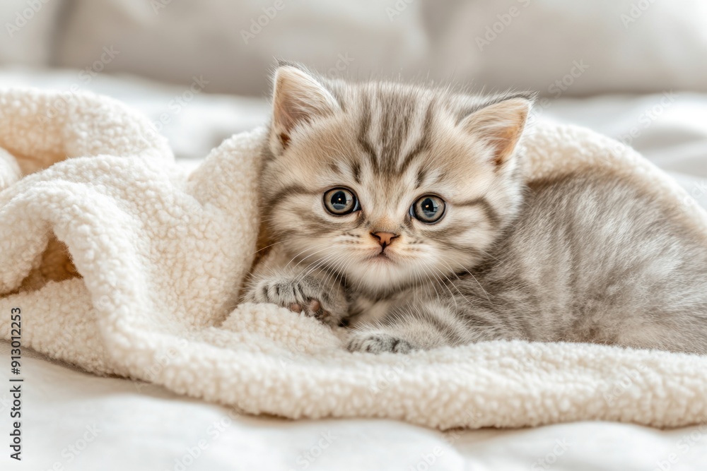 Cute kitten snuggled in cozy blanket on bed Cute kitten snuggled in cozy blanket on bed