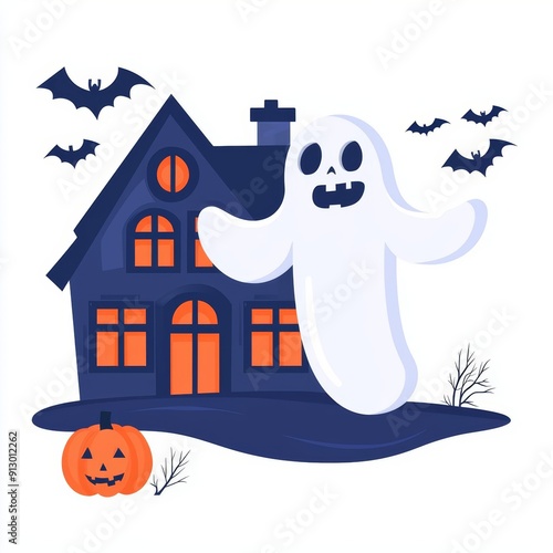 Ghost floating near a haunted house, spooky Halloween element, flat design clipart style, isolated on white background photo