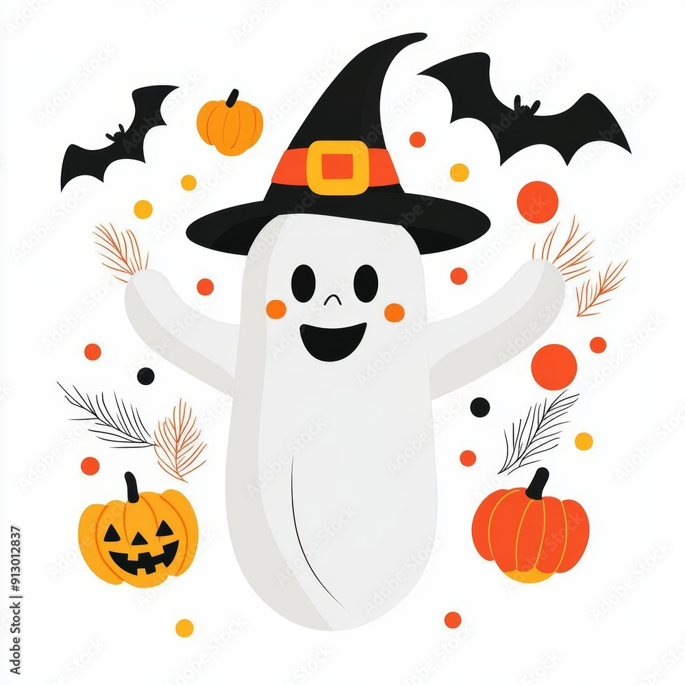 Fototapeta premium Ghost with Halloween decorations, party theme, flat design clipart style, isolated on white background