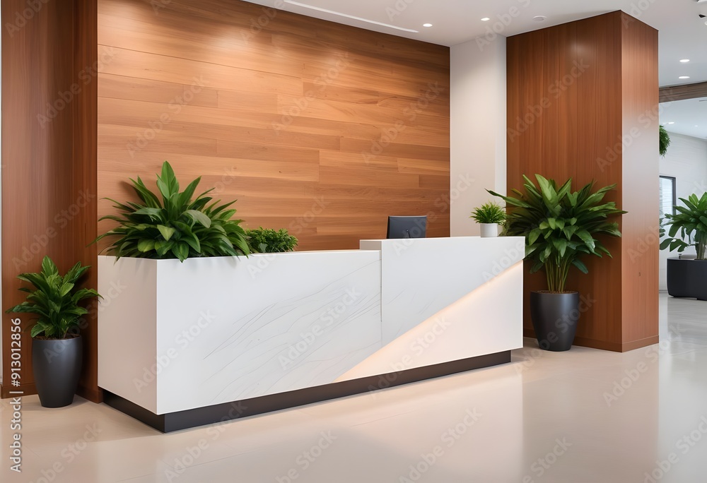 A modern office lobby with a large reception desk, gray chairs, and a warm color scheme A modern office lobby with a large reception desk, gray chairs, and a warm color scheme