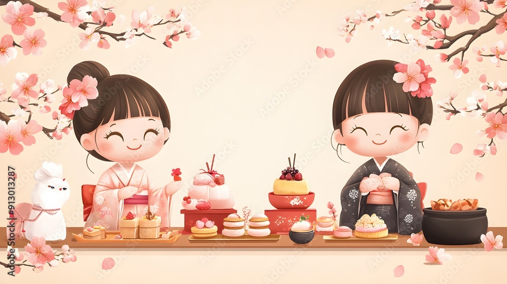Cartoon kids celebrating Hinamatsuri with hina dolls peach blossoms and festive treats Cartoon kids celebrating Hinamatsuri with hina dolls peach blossoms and festive treats