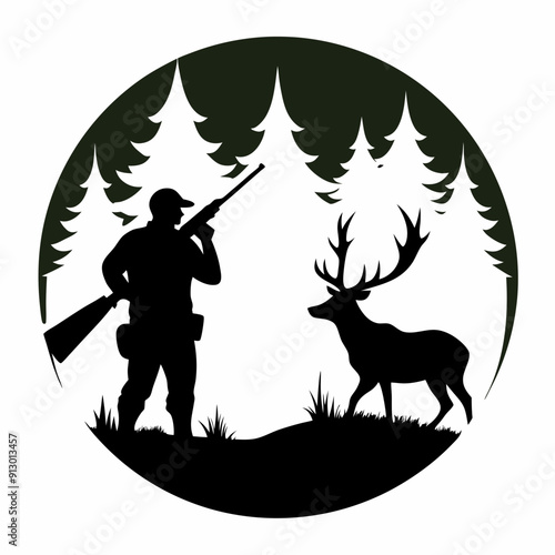 A hunter hunt a Deer in a forest silhouette vector illustration 