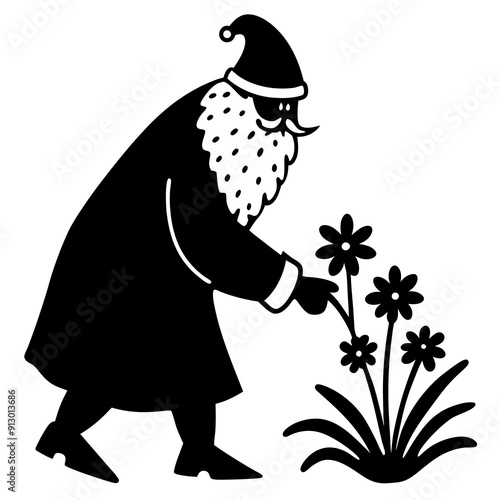 A Santa Clause pick up a flower in a garden vector illustration