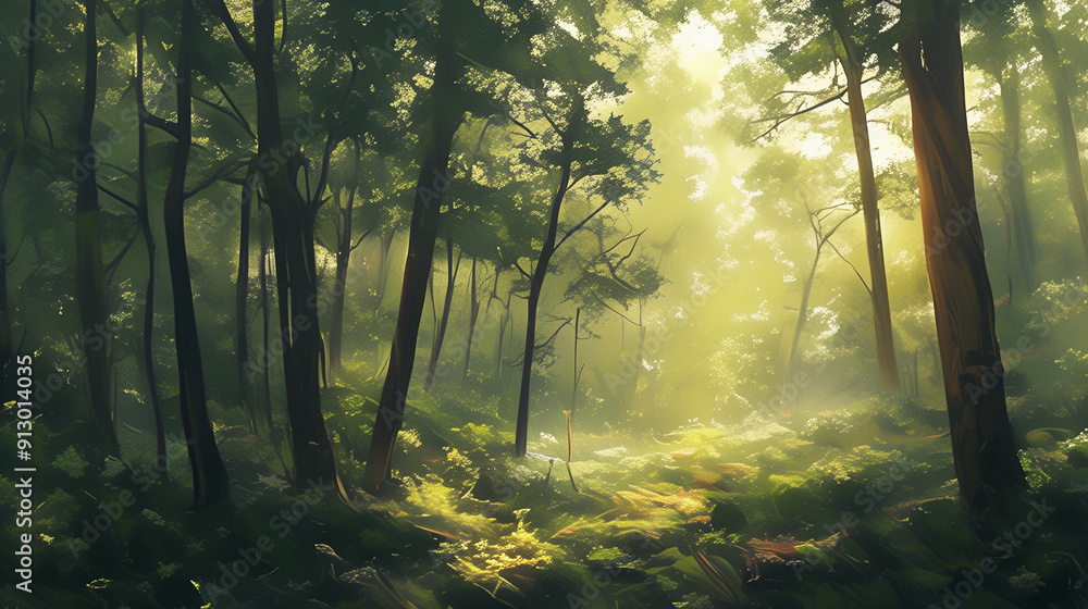 Obraz premium A forest with trees and sunlight shining through the leaves