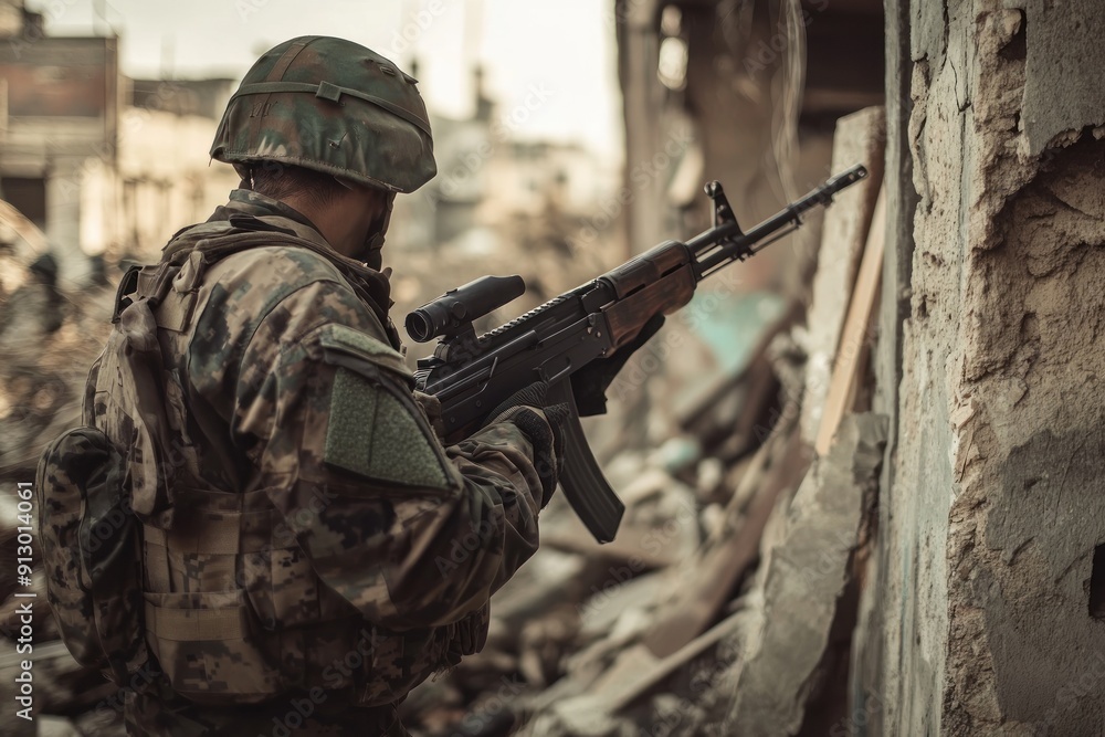 Fototapeta premium A soldier holding a rifle in a war-torn cityscape