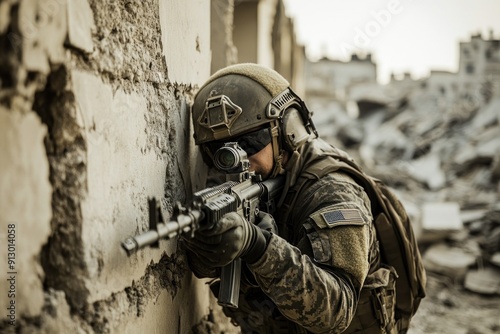 Obraz na płótnie A soldier with a rifle peeking around a damaged wall w salonie