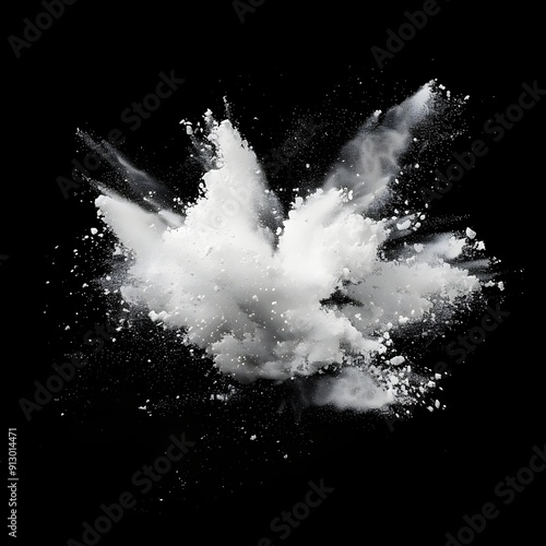 White powder freeze motion explosion effect isolated on black background

