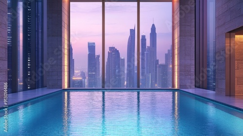 Indoor swimming pool in a high-rise with stunning views of the city's architectural beauty.