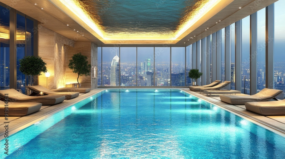 Obraz premium Indoor swimming pool with a luxurious design, cityscape visible through panoramic windows.