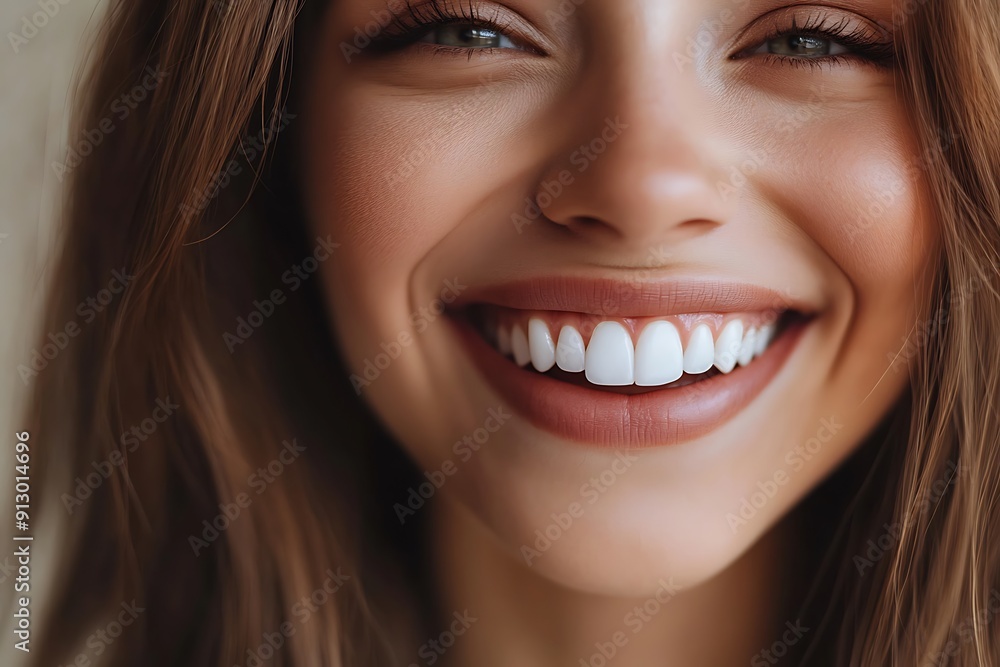 A close-up portrait of a beautiful woman with a radiant smile, showcasing her perfect white teeth A close-up portrait of a beautiful woman with a radiant smile, showcasing her perfect white teeth