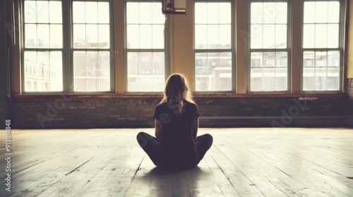 Contemplative woman sitting alone large windows in spacious room