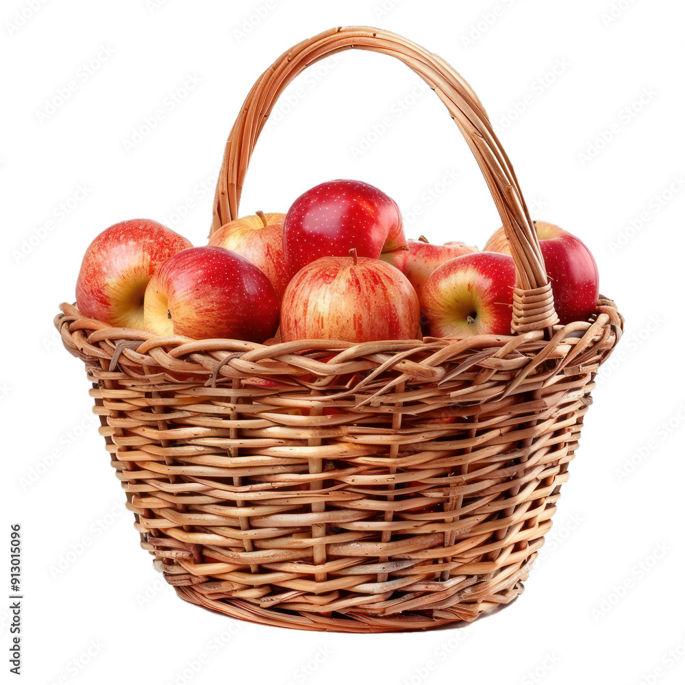 Wicker basket overflowing with freshly picked, ripe red apples on a white background Wicker basket overflowing with freshly picked, ripe red apples on a white background