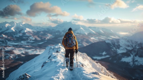 Adventurer on a snowy mountain peak