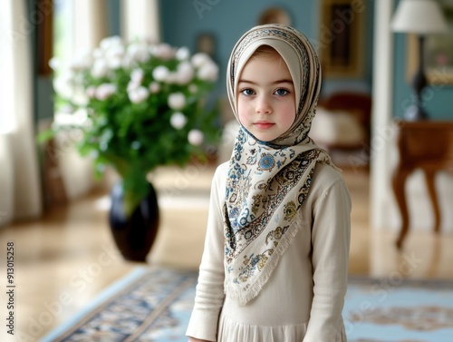 Portrait of young girl in traditional headscarf indoors