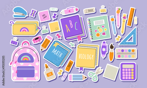 School supplies sticker set. Back to school. Backpack, books, pen, pencil, ruler, pencil box, paints. Suitable for prints, cards, scrapbooking, paper crafts. Vector illustration in a flat style.