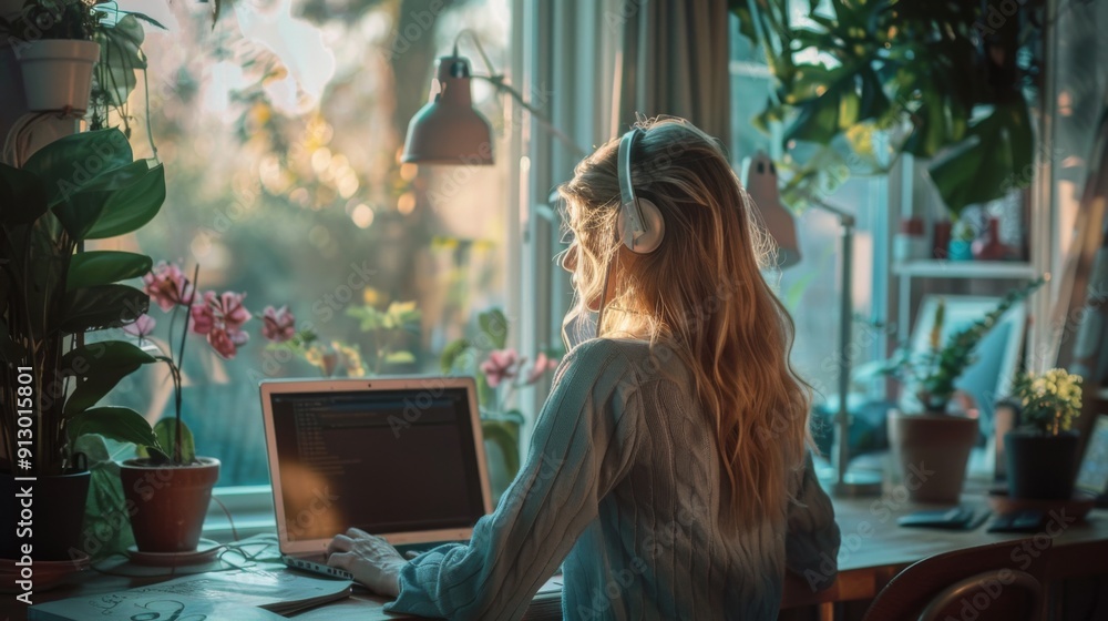 Woman Working at Home with Headphones on Woman Working at Home with Headphones on