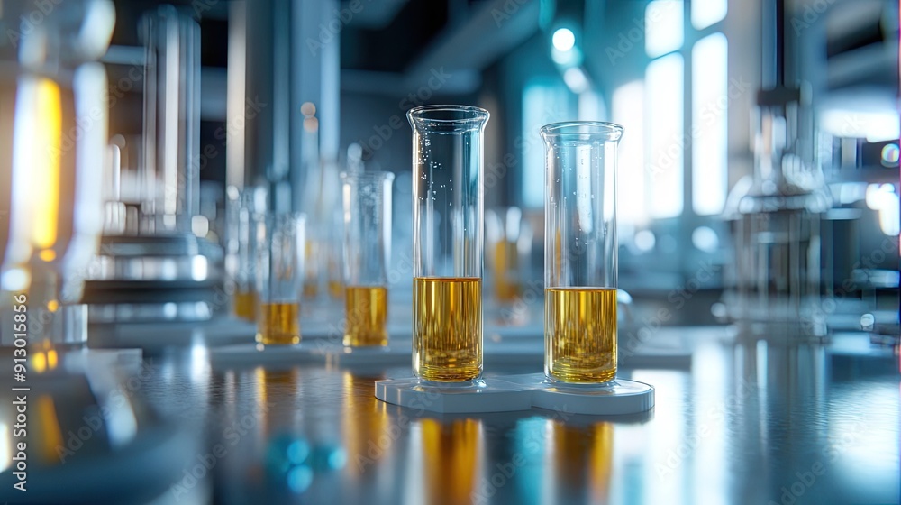 Laboratory scene with a focus on chemical tubes and pharmaceutical research technology. Ideal for biochemistry concepts. Laboratory scene with a focus on chemical tubes and pharmaceutical research technology. Ideal for biochemistry concepts.