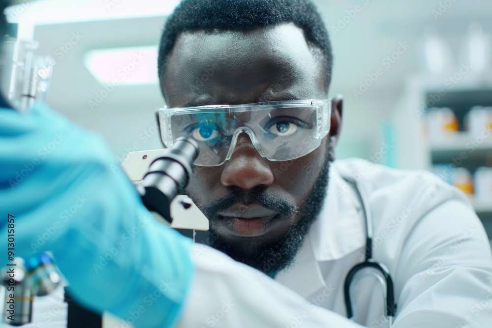 A man wearing a white lab coat and blue gloves is looking through a microscope. He is wearing a pair of glasses and he is focused on his work. Concept of scientific curiosity A man wearing a white lab coat and blue gloves is looking through a microscope. He is wearing a pair of glasses and he is focused on his work. Concept of scientific curiosity